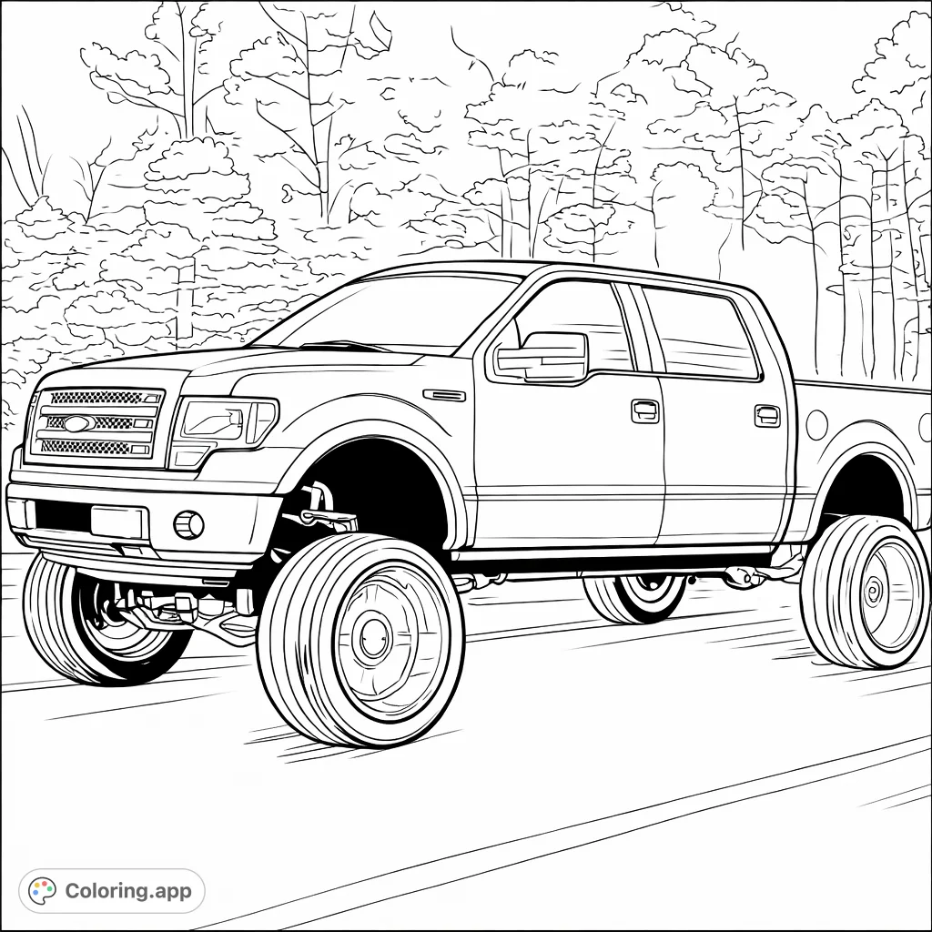 A powerful, lifted pickup truck coloring page, featuring custom wheels and a dynamic pose, perfect for enthusiasts to customize.