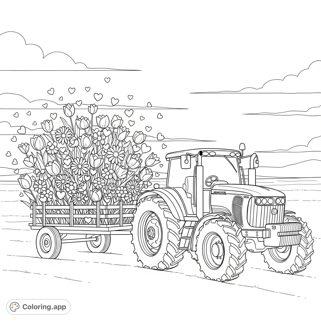 A charming John Deere tractor pulls a wagon overflowing with beautiful flowers and whimsical hearts across a field. A delightful farm scene awaits your colors!