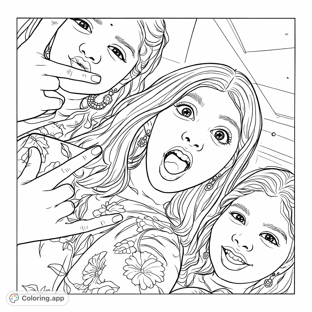 A fun, dynamic coloring page featuring three friends striking expressive poses. Perfect for capturing youthful energy and connection.
