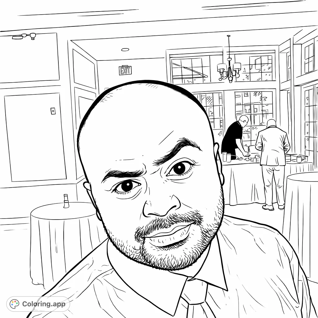 An expressive man's portrait, captured at an event, with detailed facial features and a formal background. A unique adult coloring challenge.