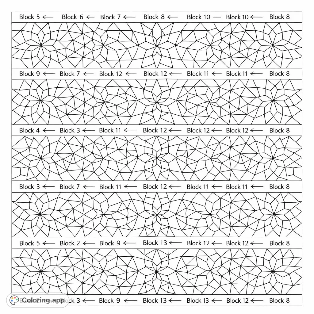 Immerse yourself in this intricate geometric stars coloring page, featuring a complex repeating pattern of interlocking shapes and radiating starbursts. Perfect for focused coloring.