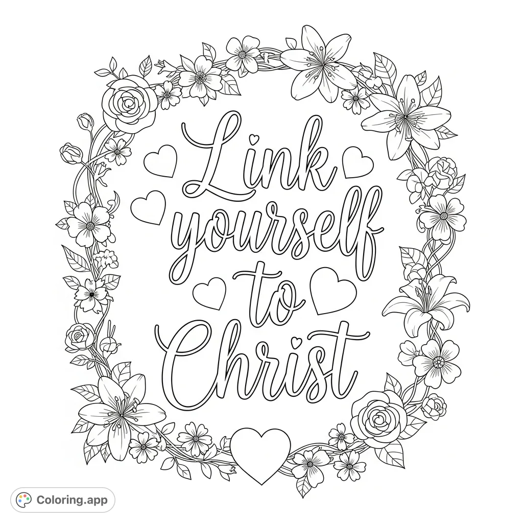 An inspiring coloring page featuring the words "Link yourself to Christ" elegantly framed by delicate flowers and charming hearts. Perfect for peaceful reflection.