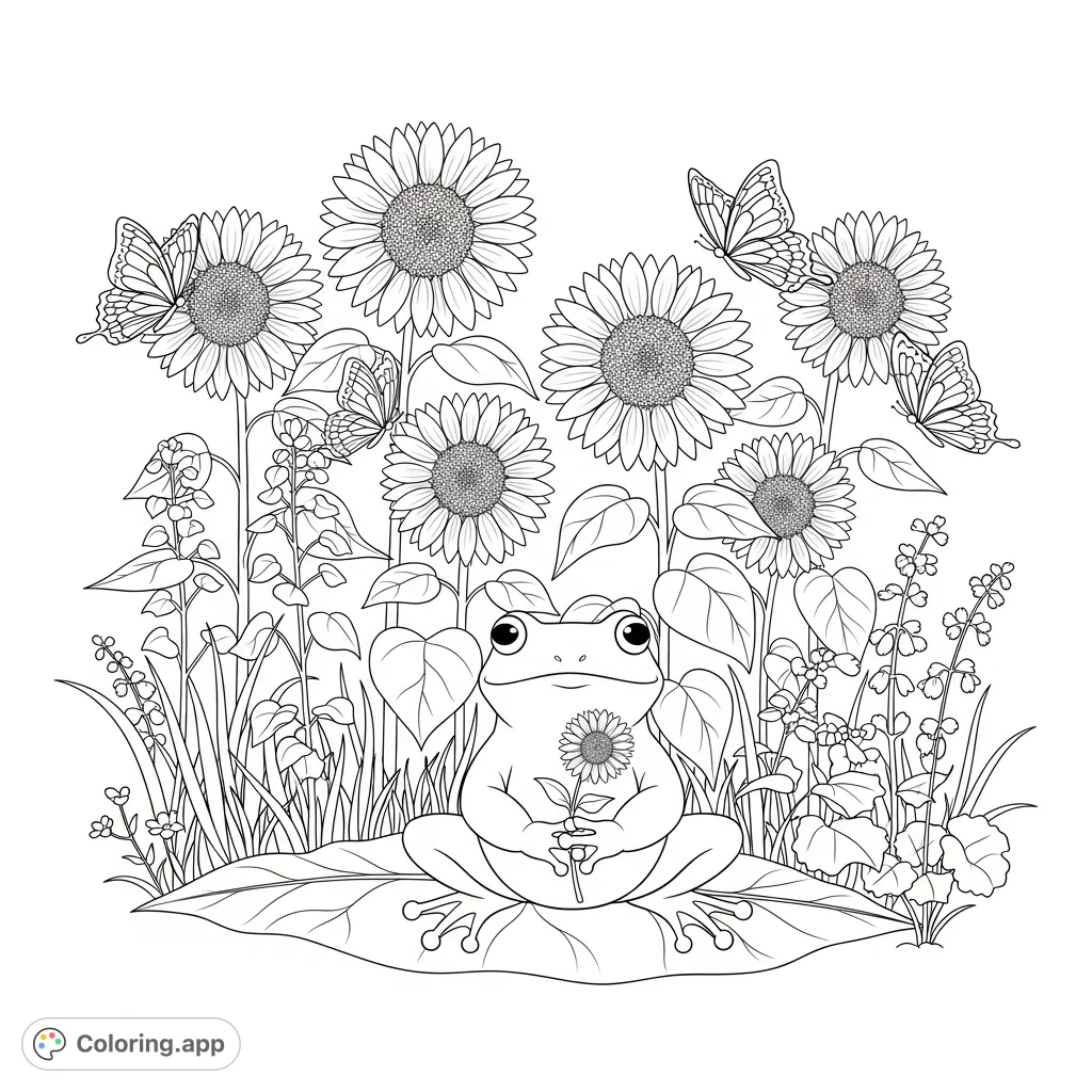 A delightful coloring page featuring a cute frog sitting in a vibrant garden, gently holding a flower, surrounded by tall sunflowers and fluttering butterflies.