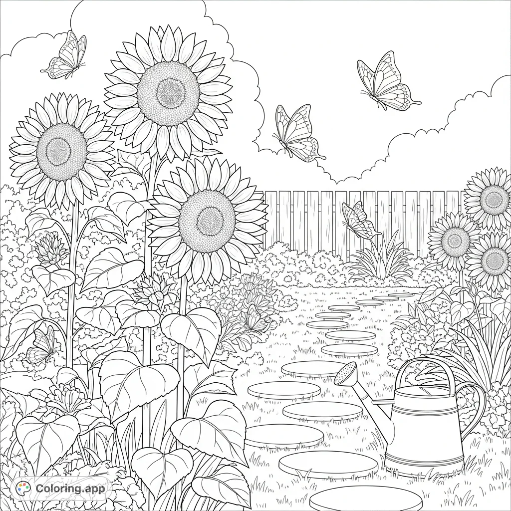 Explore a charming backyard garden with towering sunflowers, playful butterflies, winding stepping stones, and a rustic fence. A delightful nature scene for all ages.