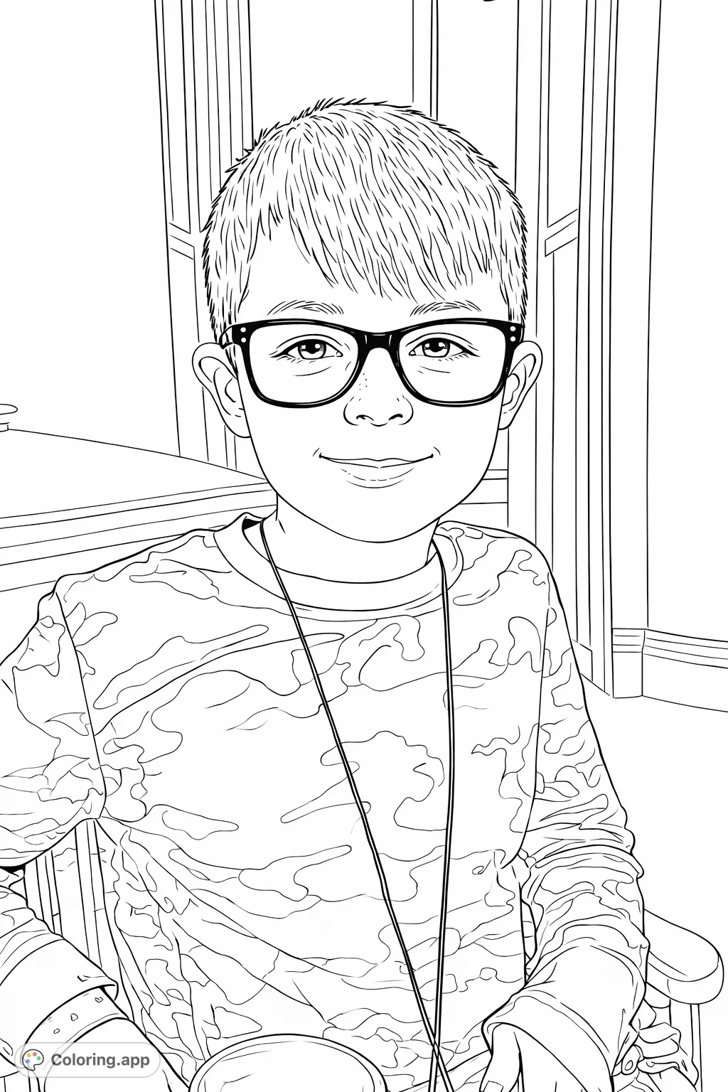 A charming coloring page featuring a smiling child wearing glasses and a patterned shirt, perfect for young artists and a heartwarming coloring experience.