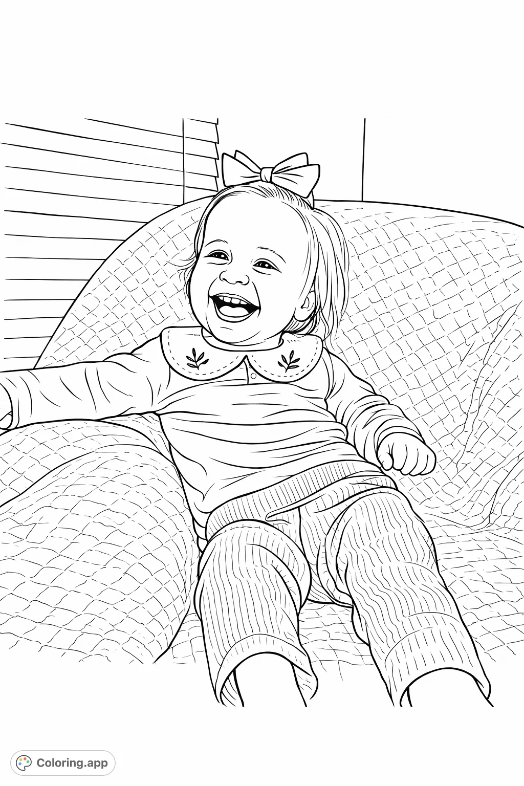 A delightful baby with a large bow and embroidered collar, laughing heartily while sitting on a soft, quilted surface. Perfect for a heartwarming coloring experience.