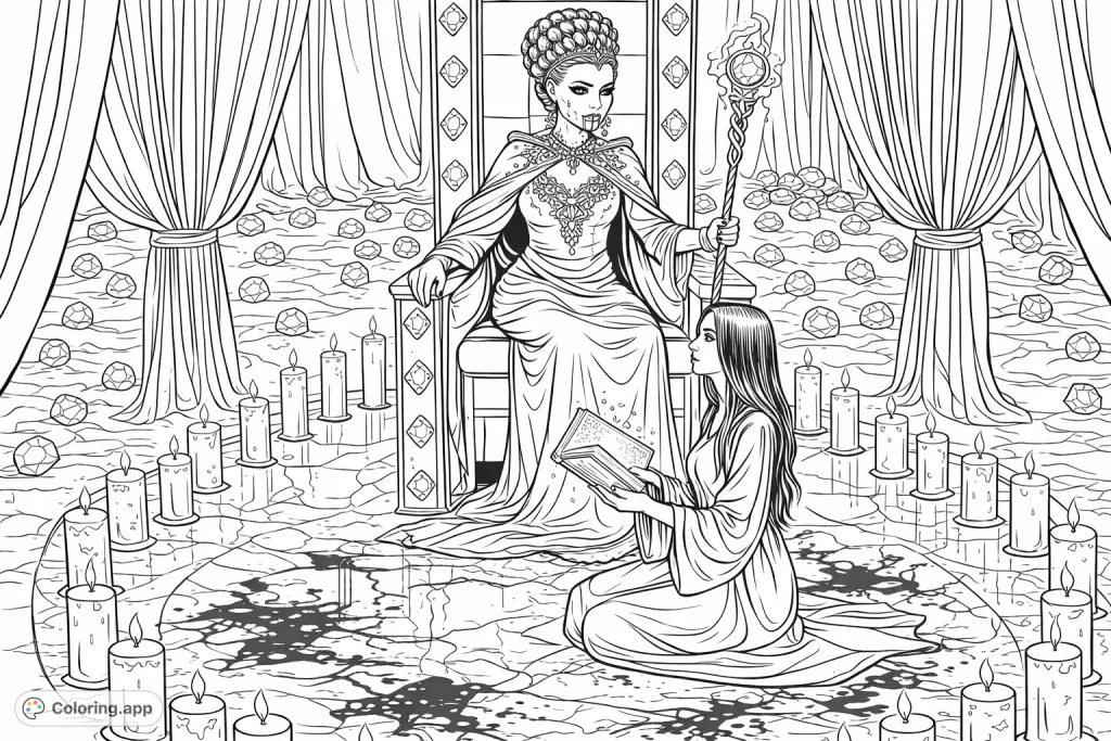 Enter a mysterious throne room where a dark queen presides over a kneeling acolyte and an arcane ritual, surrounded by candles and scattered jewels.