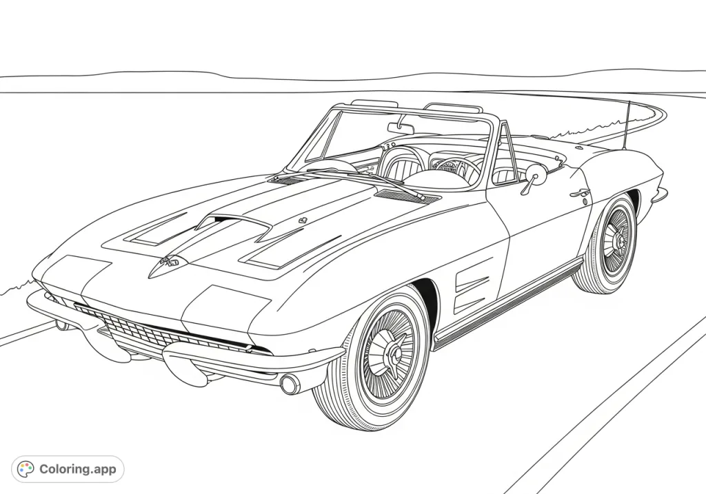 Rev up your creativity with this intricate 1966 Chevy Corvette coloring page. A detailed convertible design for classic car enthusiasts.