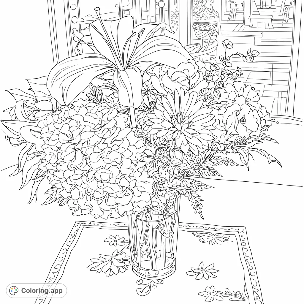 An elegant bouquet featuring lilies, hydrangeas, chrysanthemums, and roses in a vase, resting on a patterned placemat. A sophisticated floral coloring page.