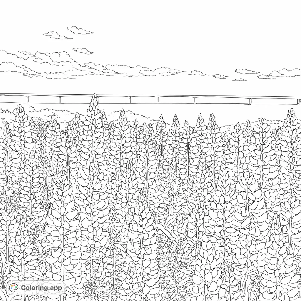 Immerse yourself in a serene landscape featuring a vibrant lupine field, tranquil waters, and a majestic distant bridge. A detailed nature scene.