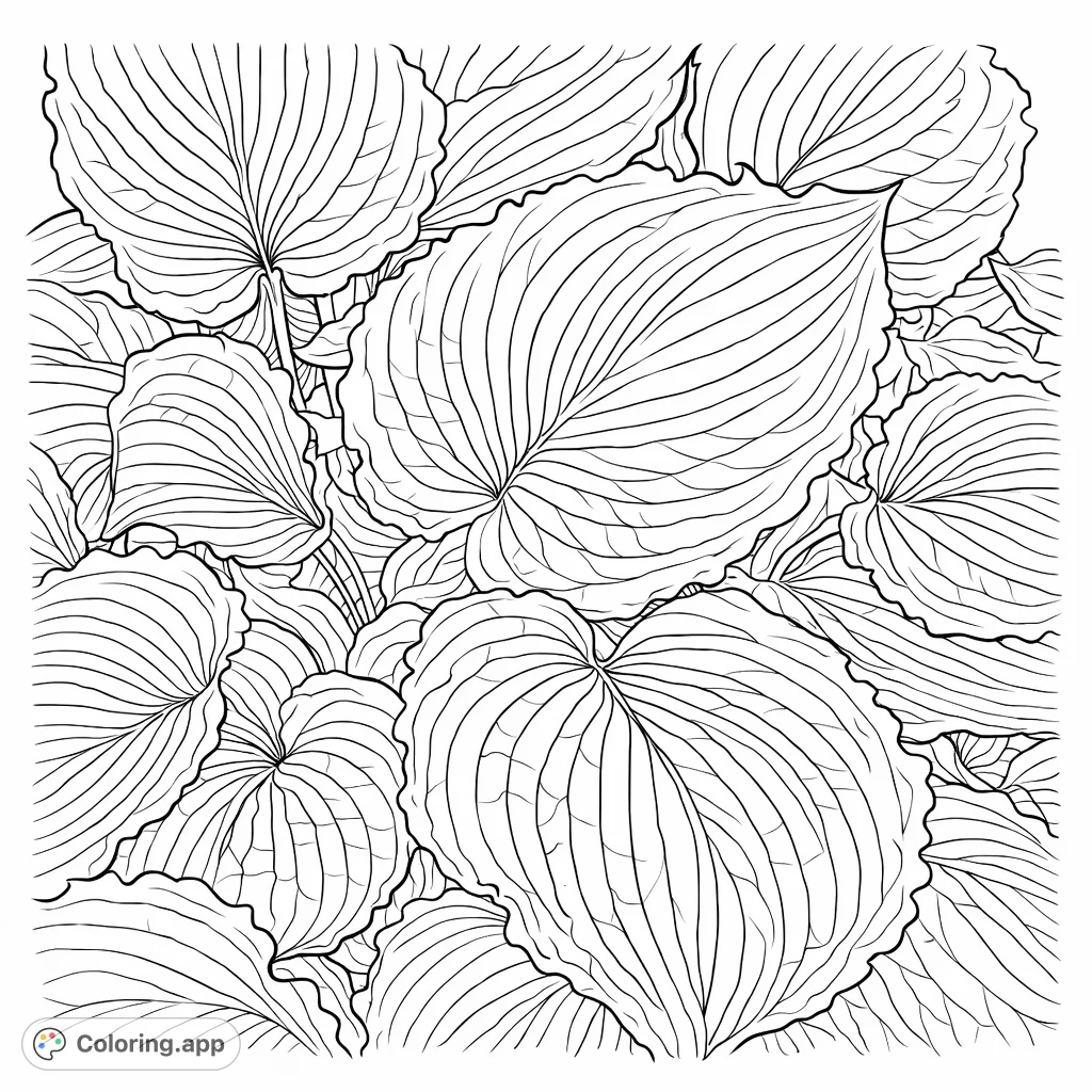 Explore the intricate patterns of a hosta leaf cluster. This botanical coloring page offers detailed veins and variegated sections for mindful coloring.