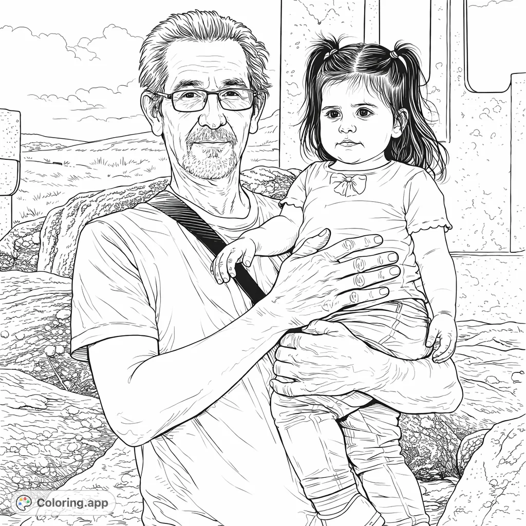 Capture the warmth of family bonds with this free printable portrait of an adult holding a child in an outdoor setting, perfect for expressing affection through art.