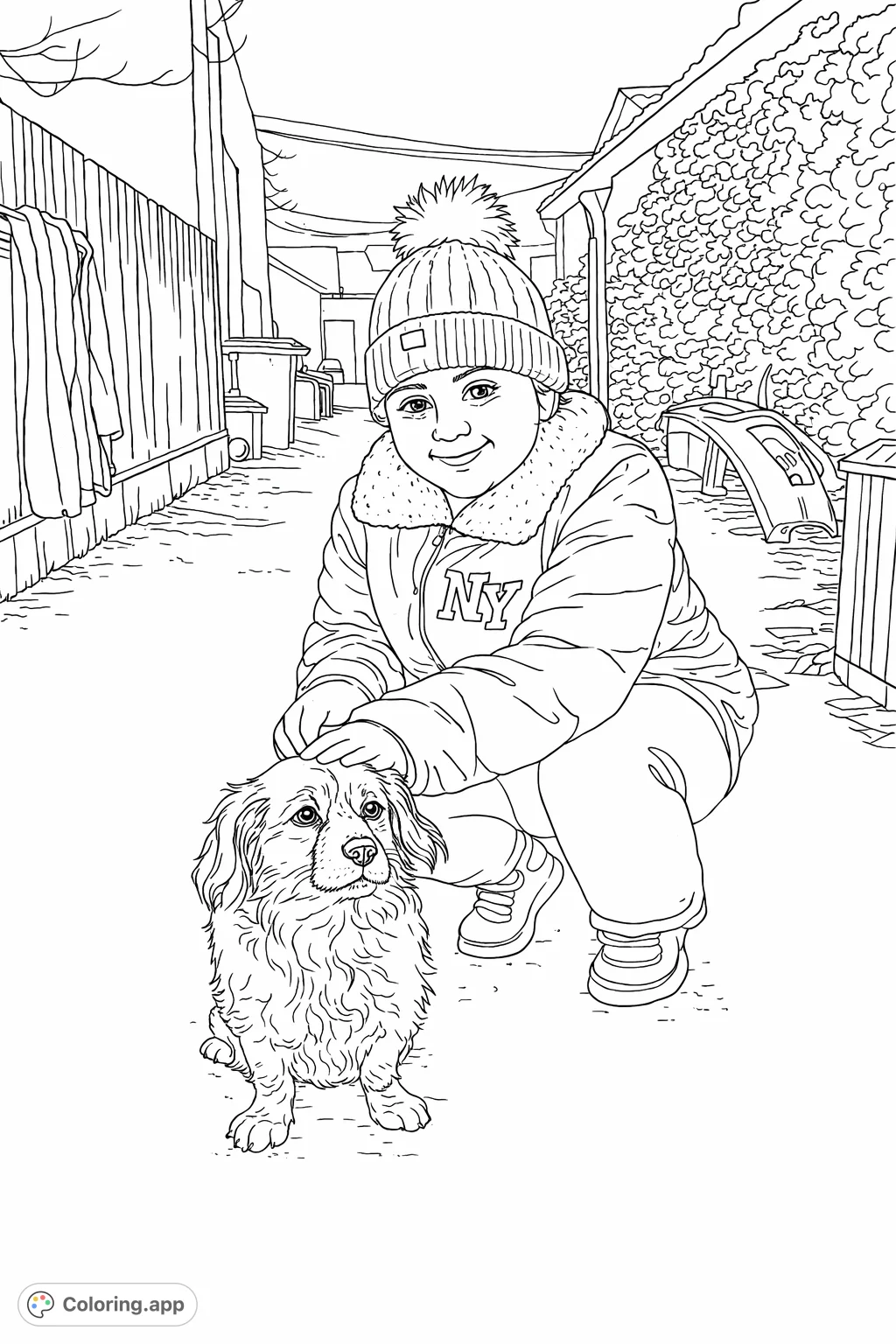 A heartwarming free printable girl and dog coloring page, featuring a young girl petting her fluffy canine companion in an outdoor setting, perfect for all ages.