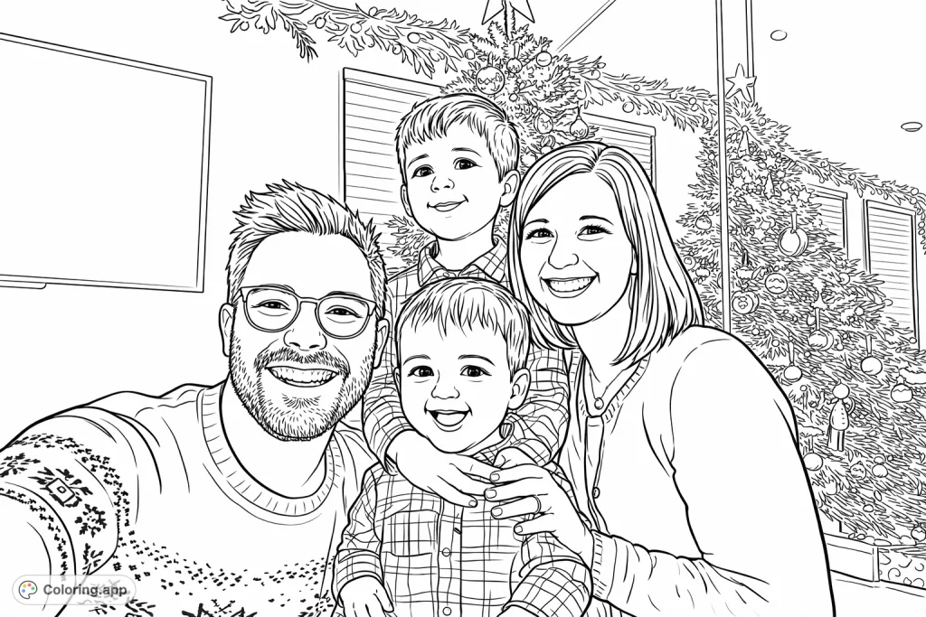Capture a heartwarming family holiday moment with this detailed coloring page. Featuring two adults and two children amidst festive decorations.