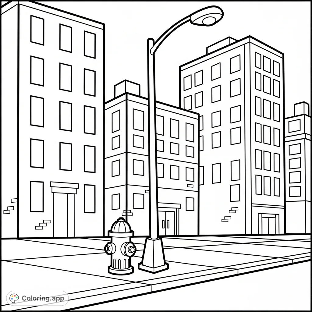 A simple, bold cartoon street corner background from the iconic "Girls Just Want to Have Fun" song cover. Features buildings, a lamppost, and a fire hydrant, perfect for creative coloring.