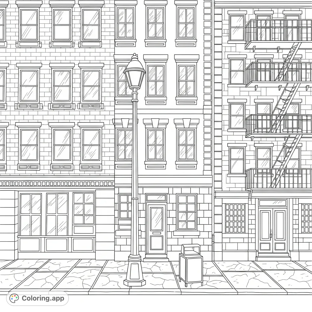 Dive into a detailed urban street scene coloring page. Features city architecture, a classic streetlamp, and textured sidewalk ready for your creativity.