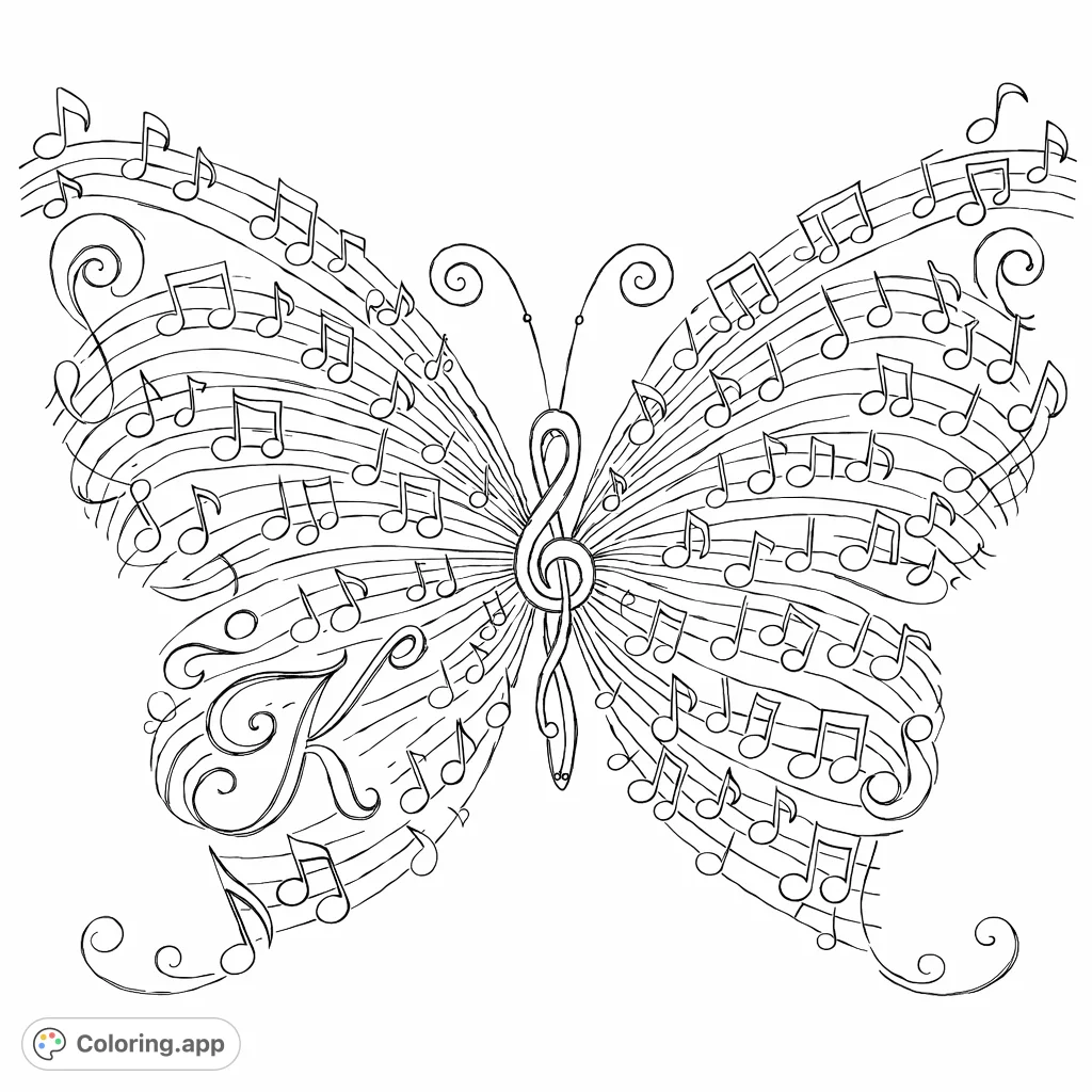 Immerse yourself in this unique musical butterfly coloring page! Its wings are filled with flowing staves and notes, creating a symphony of shapes and artistic expression.