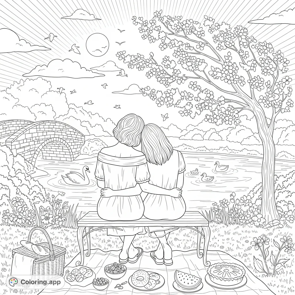 A tranquil pond scene coloring page featuring two women on a bench, a detailed picnic spread, graceful ducks and a swan, and a charming brick bridge.