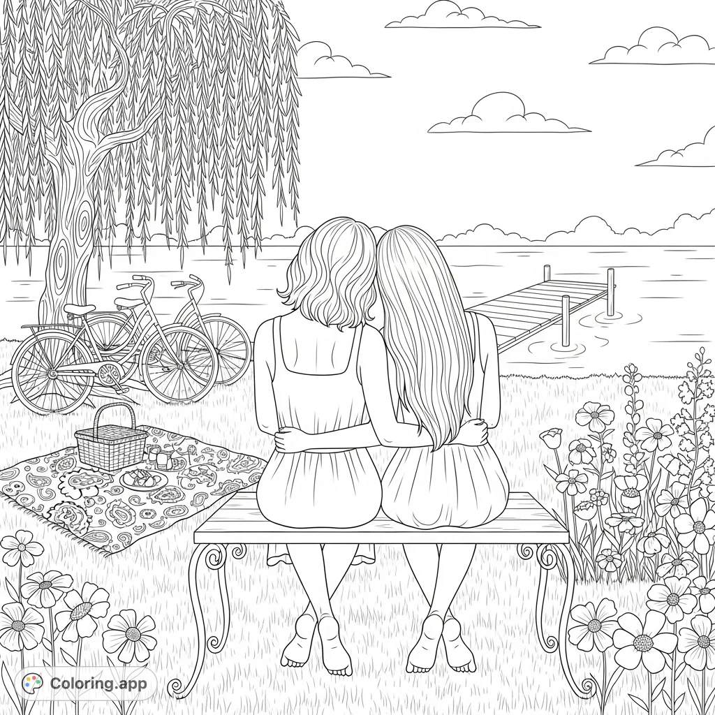 A heartwarming scene of a mother and adult daughter enjoying a peaceful moment on a bench overlooking water, complete with a picnic and antique bicycles.