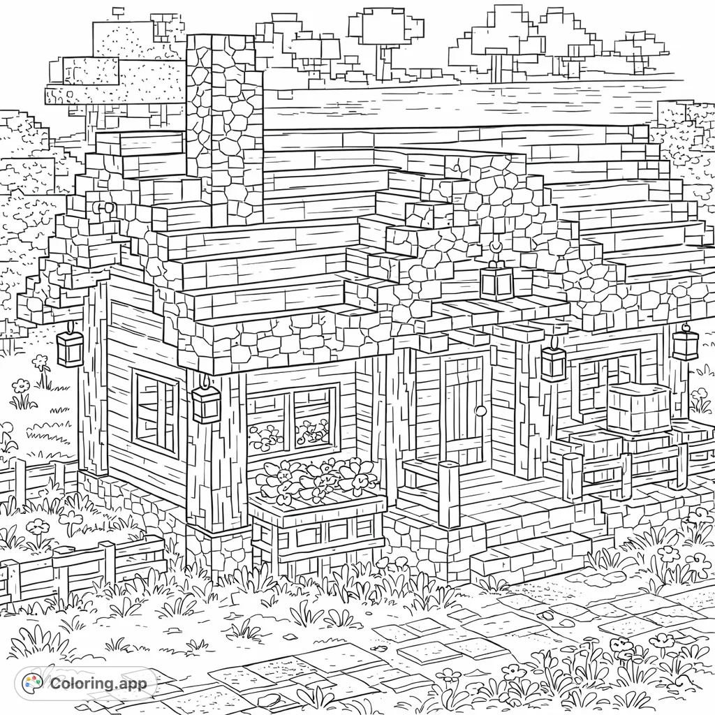 Color a charming block-style house with detailed wood and stone textures, surrounded by nature, a fence, and a pathway leading to a serene lake.