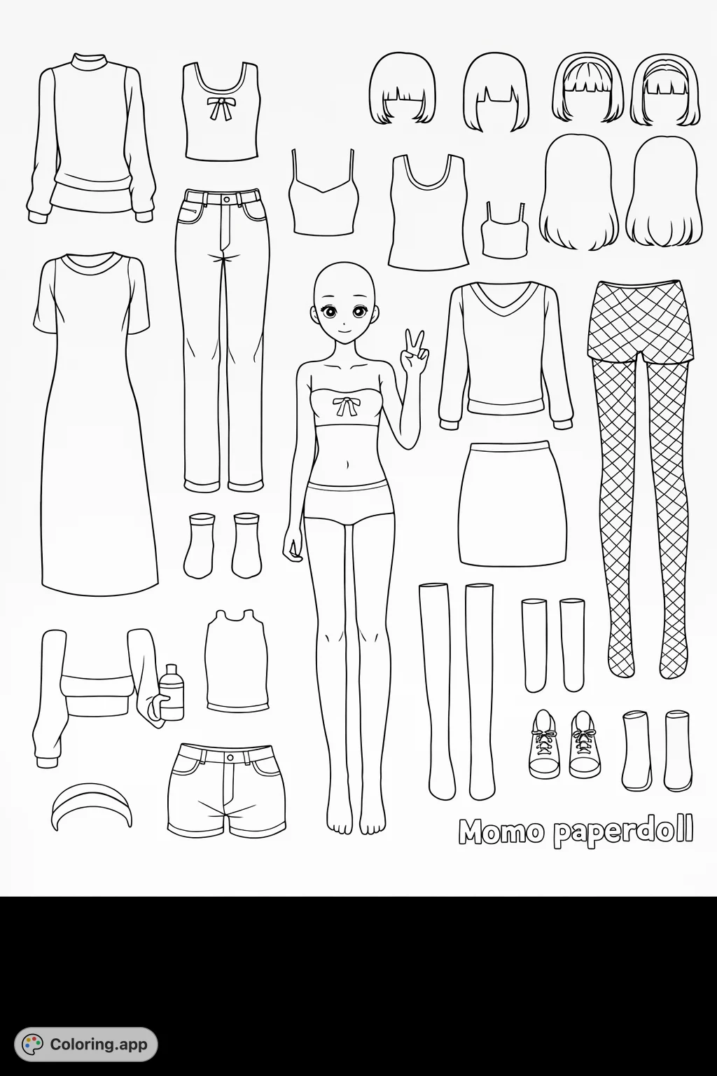 Unleash creativity with this paper doll fashion coloring page featuring a doll and a diverse wardrobe of clothes, hairstyles, and accessories to customize.