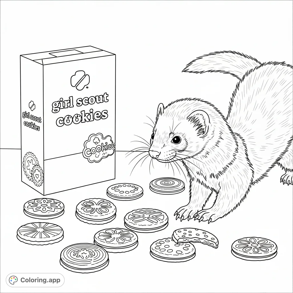 A playful ferret investigates a delicious stash of Girl Scout Cookies, featuring a detailed ferret and recognizable cookie boxes and treats.