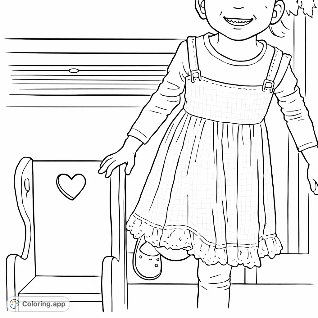 A sweet child in a jumper dress, resting a foot on a charming wooden chair with a heart cut-out. A simple scene perfect for young artists.