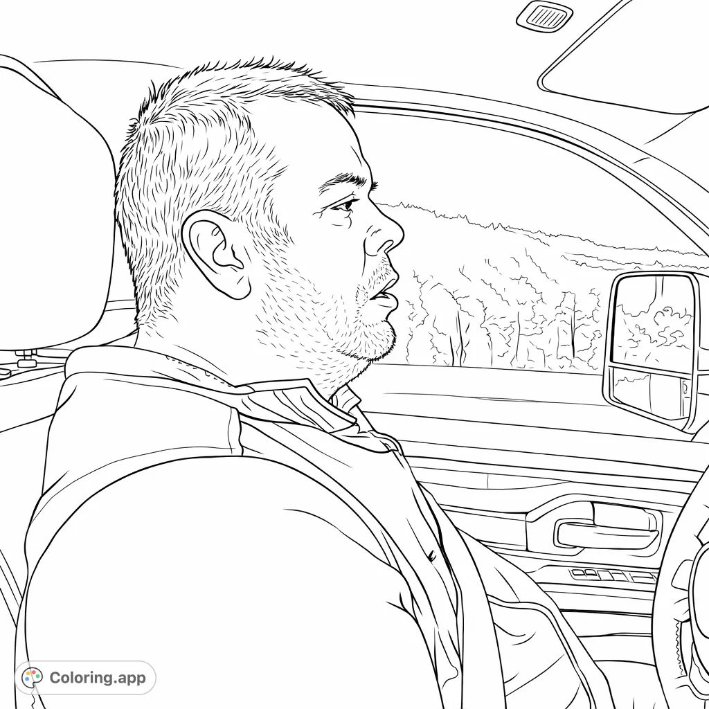 Color a detailed scene of a man driving, capturing his profile, car interior elements, and a subtle outdoor landscape. A realistic driving coloring page.