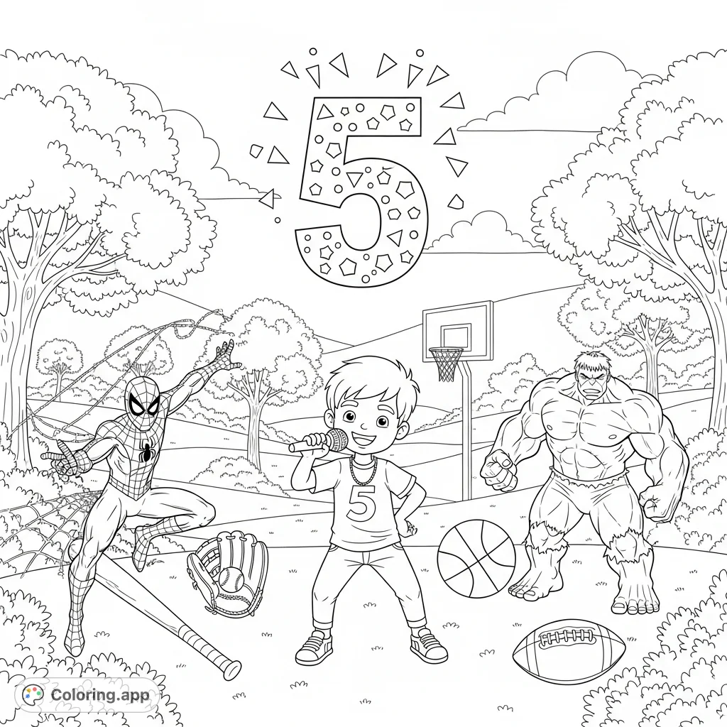 Celebrate Adrian's 5th birthday with Spider-Man, The Hulk, and all his favorite sports, dancing, and rapping in a lively outdoor park scene.