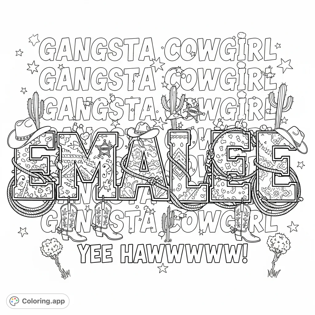 A personalized EMALEE coloring page, featuring cowgirl elements, bold text 'Gangsta Cowgirl' and 'YEE HAWWWWW' for a wild west adventure.