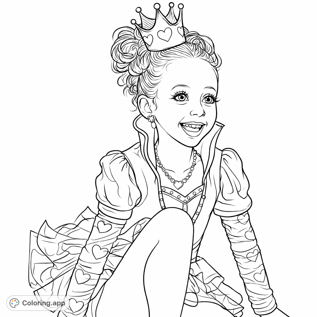 Capture the charm of a young queen in an elaborate heart-themed costume, complete with a tiny crown and dazzling details. Perfect for imaginative coloring!