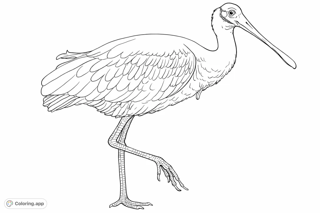 An elegant spoonbill stands with its distinctive bill and long legs, perfect for nature enthusiasts to color and admire its unique form.