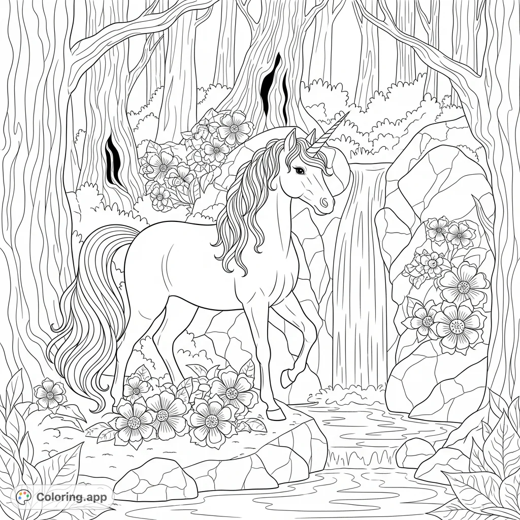 Discover a majestic unicorn near a hidden waterfall, surrounded by mystic flowers in an enchanting forest. A magical forest unicorn coloring page.