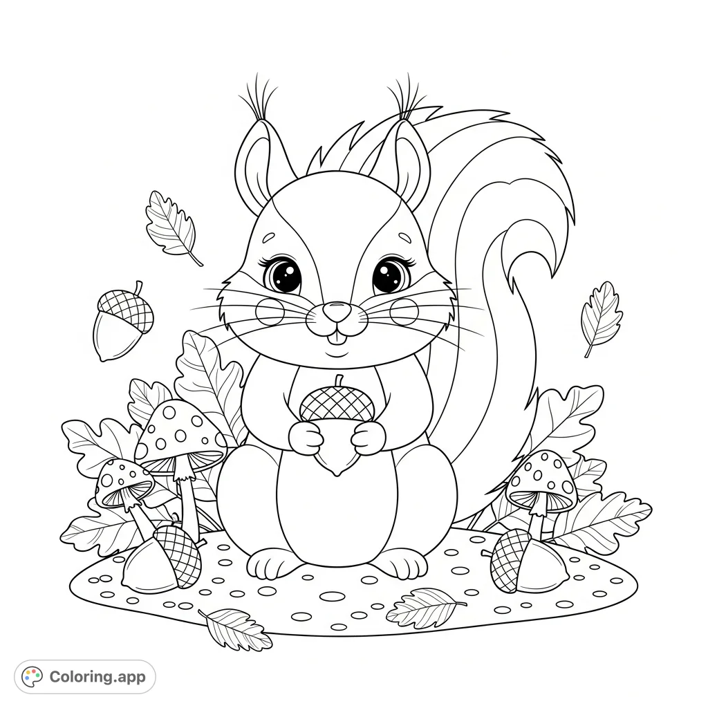 A delightful kawaii squirrel holds an acorn, surrounded by playful leaves and mushrooms. This free printable coloring page offers charming forest fun.