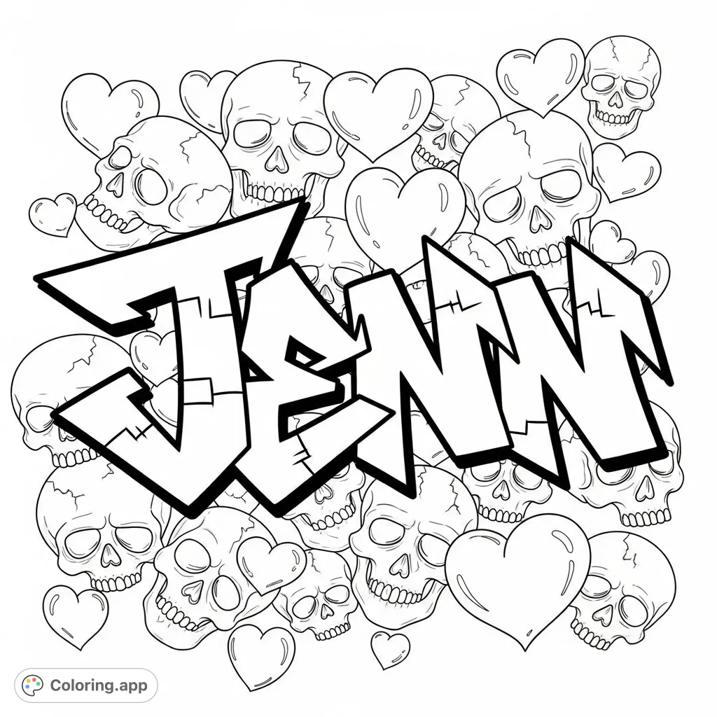 A dynamic 'Jenn' graffiti coloring page featuring bold lettering, edgy skulls, and whimsical hearts in a captivating, customizable street art design.