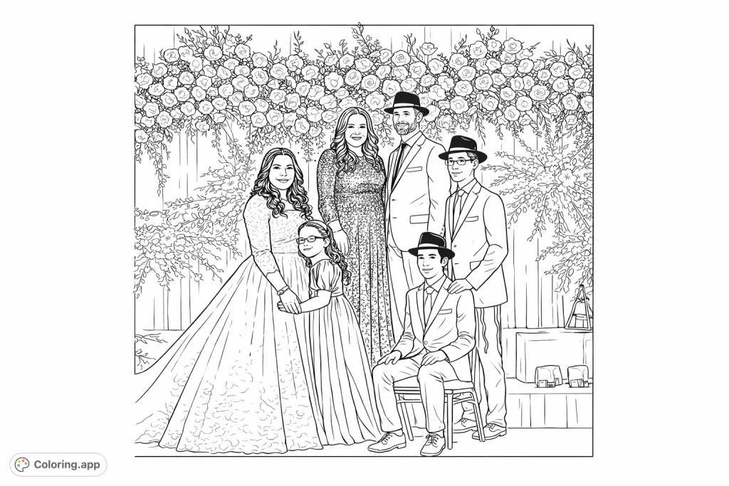 A heartwarming family portrait with a beautiful floral backdrop. Features a woman in a wedding gown, a young girl, two women, and two males in suits.