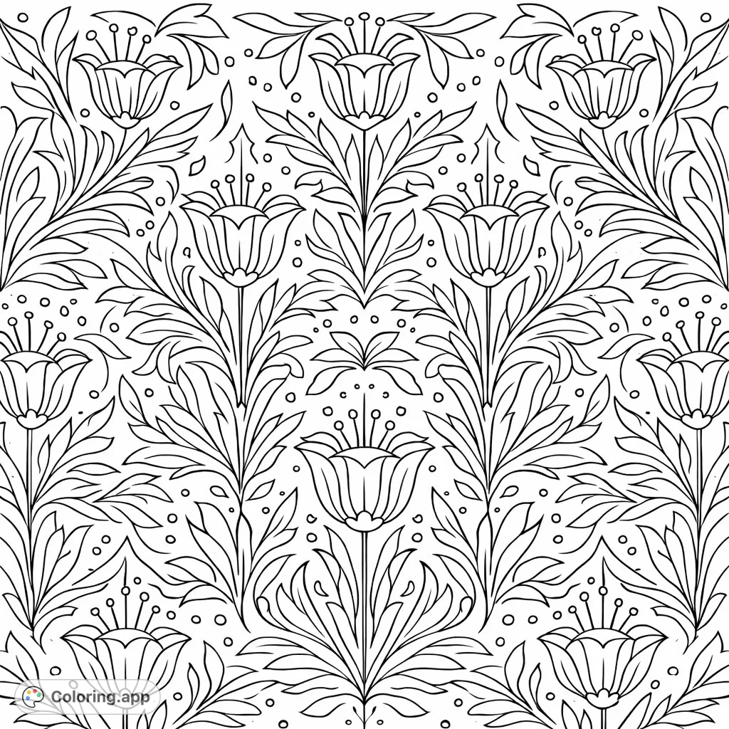 A beautifully detailed floral tapestry pattern featuring stylized blooms and lush foliage, perfect for an engaging coloring experience.