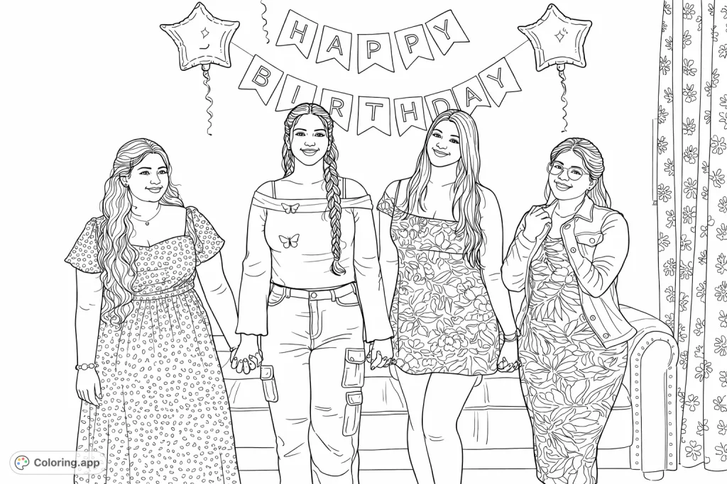 Celebrate friendship with this intricate birthday coloring page featuring four smiling young women, a "Happy Birthday" banner, and festive balloons.