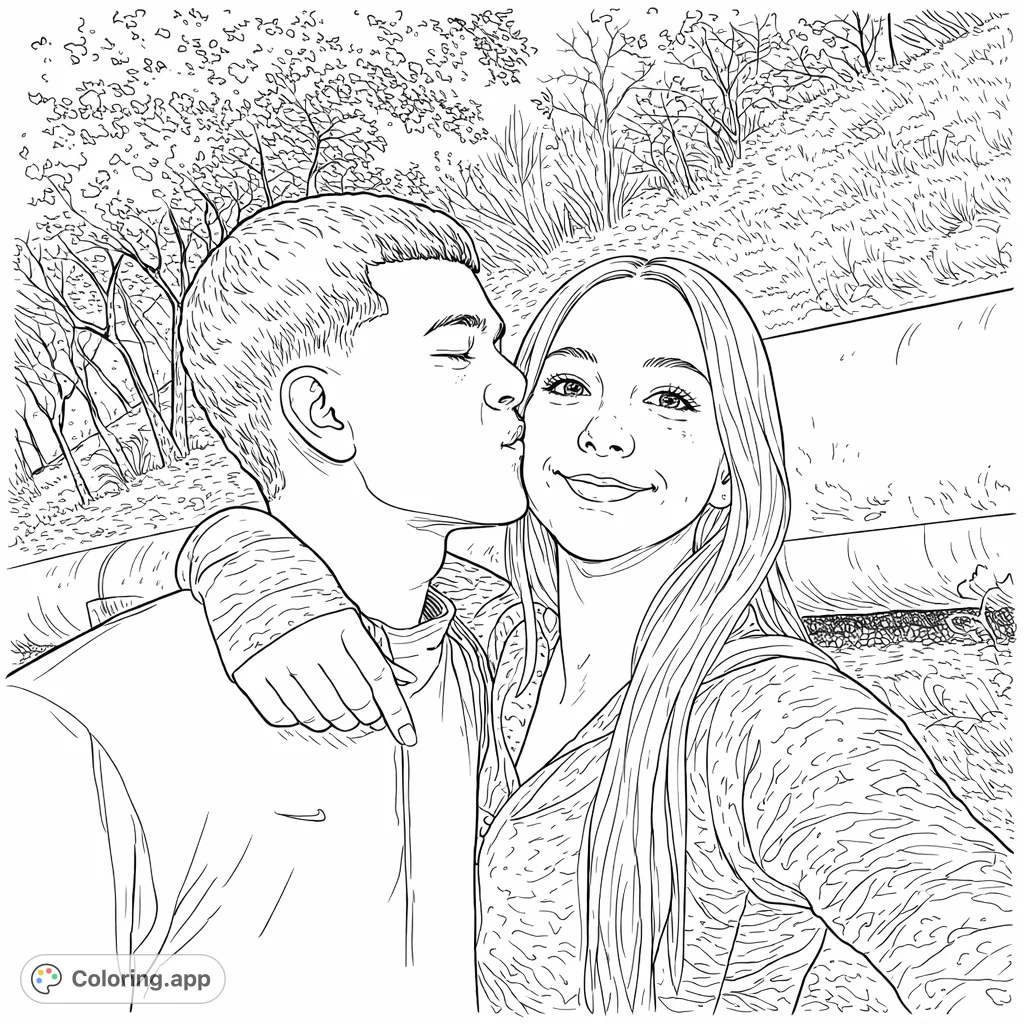 Celebrate a tender moment with this affectionate couple coloring page. Perfect for expressing warmth and connection, featuring a sweet outdoor scene.