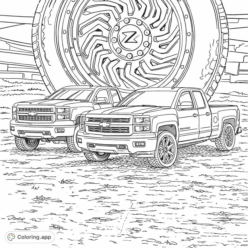 Color two custom pickup trucks and an enormous wheel. Explore intricate details and unique designs in this automotive coloring page.