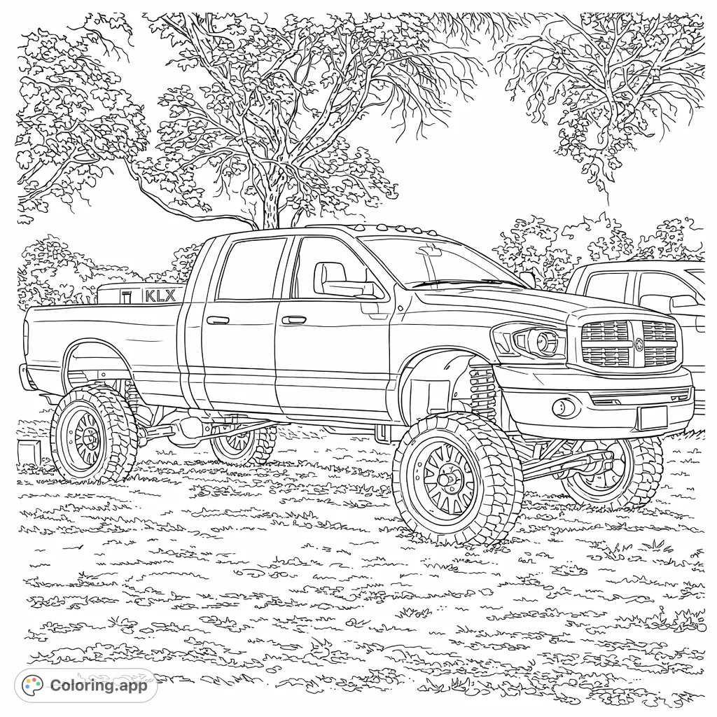Explore a detailed coloring page of a powerful lifted pickup truck with rugged tires in an outdoor setting. Perfect for vehicle enthusiasts and detailed coloring.