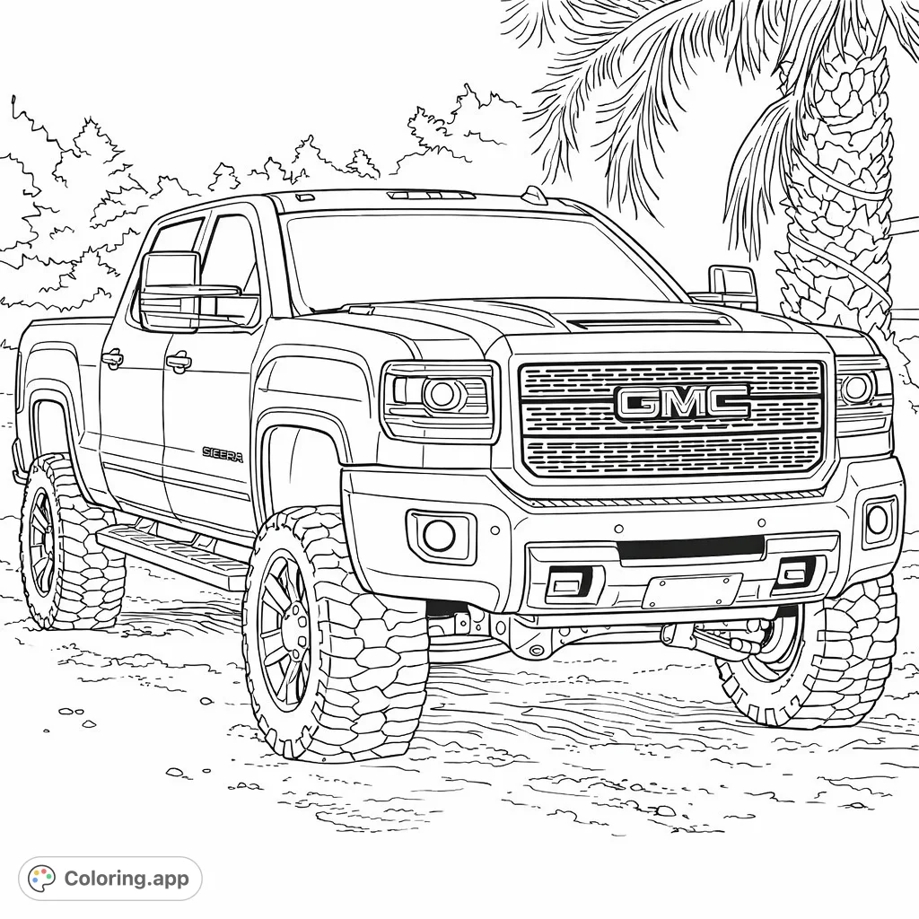 Color a powerful lifted pickup truck with rugged tires, a detailed grille, and an outdoor setting. Perfect for vehicle enthusiasts of all ages!