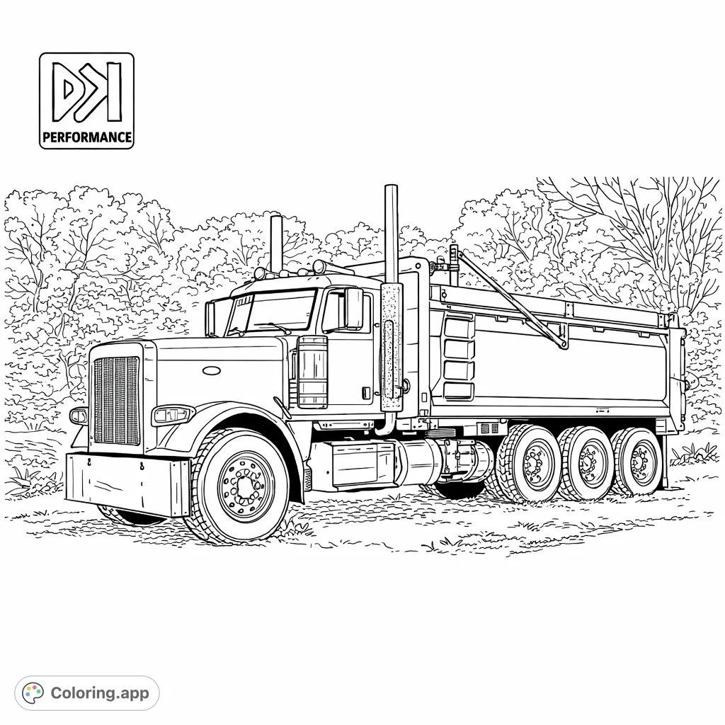 Explore the robust details of a powerful dump truck coloring page. Perfect for vehicle enthusiasts to bring this construction workhorse to life.