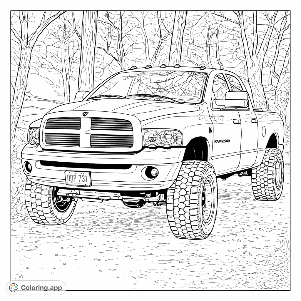 Color a rugged, lifted pickup truck with massive tires, a bold grille, and detailed exterior. Perfect for automotive enthusiasts and off-road fans.