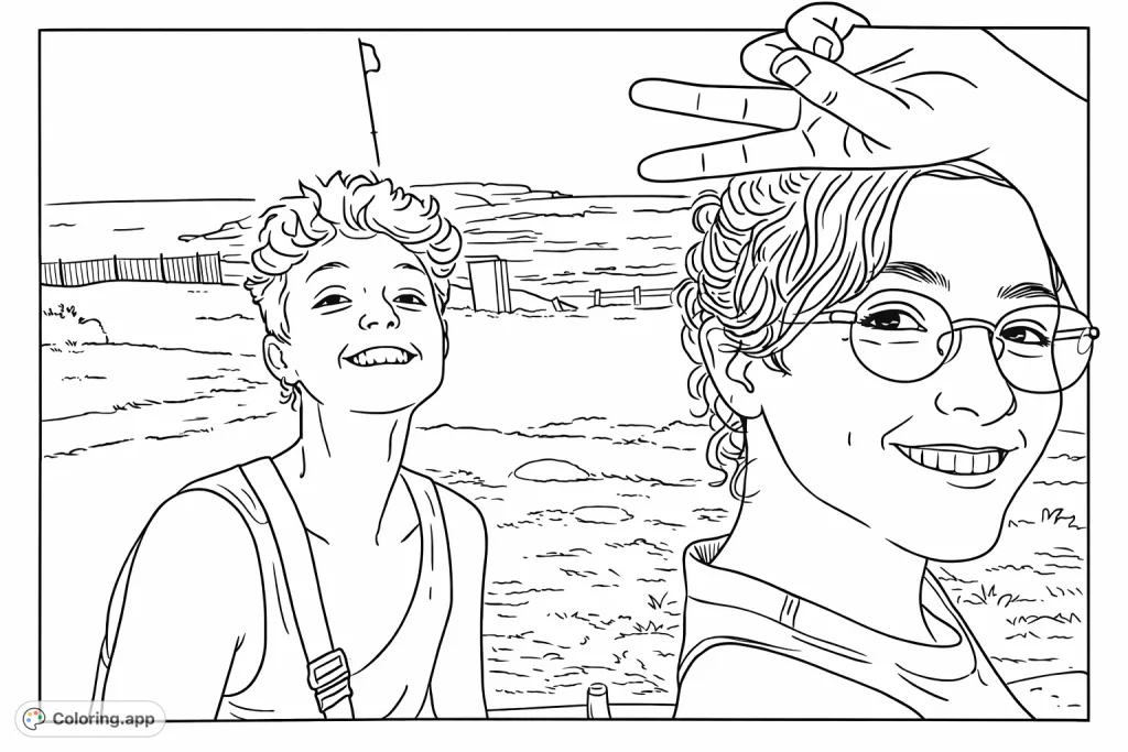 Capture joy with this simple coastal friends coloring page. Two pals smile by the ocean, perfect for a relaxing creative session with minimal details.