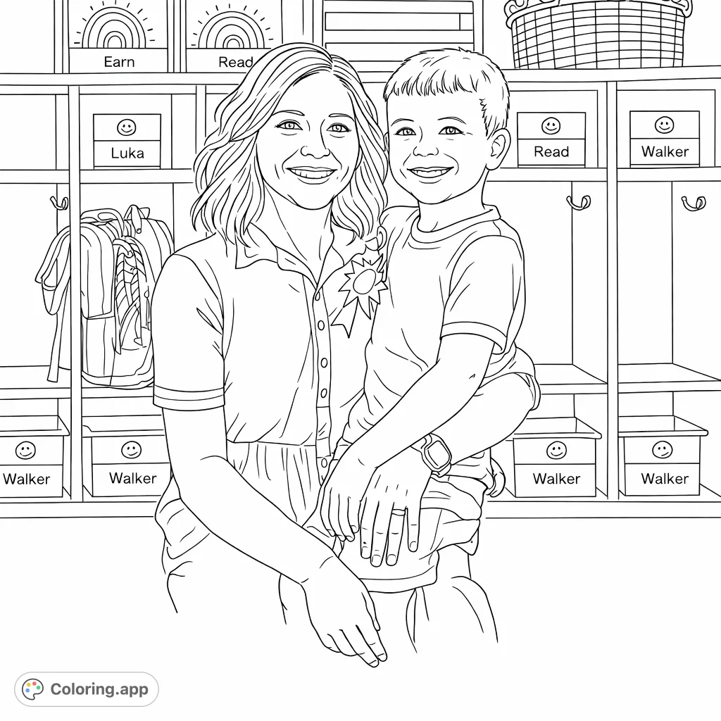 A heartwarming coloring page featuring a smiling woman holding a young child in a classroom cubby setting, surrounded by personalized bins and a backpack.