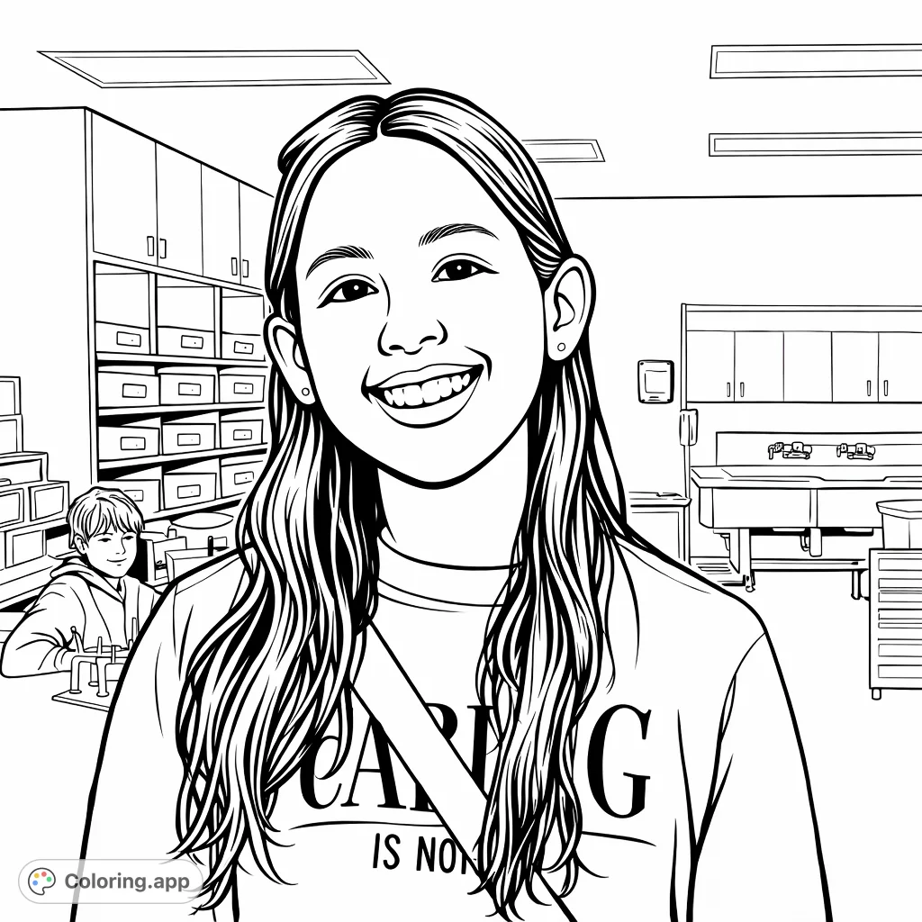A cartoony depiction of a smiling young student in a classroom setting, surrounded by shelves and workshop elements. Perfect for a fun and engaging coloring experience.