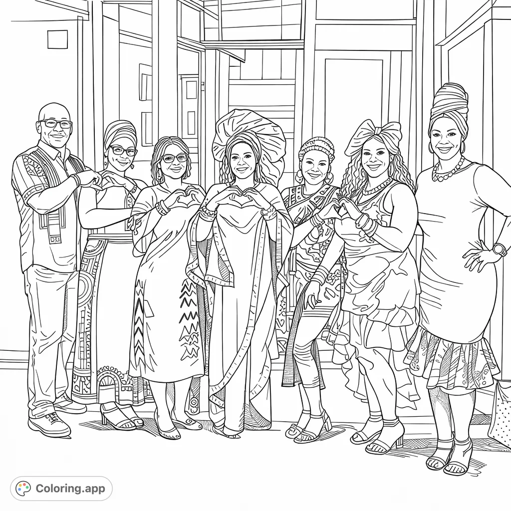 Celebrate diversity with this group featuring rich cultural attire and joyful heart gestures, perfect for a vibrant coloring experience.