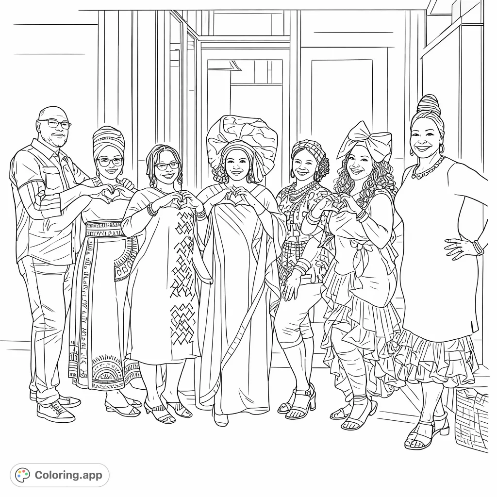 A vibrant celebration scene featuring a joyful group in diverse cultural attire and elaborate headwraps, making heart gestures.