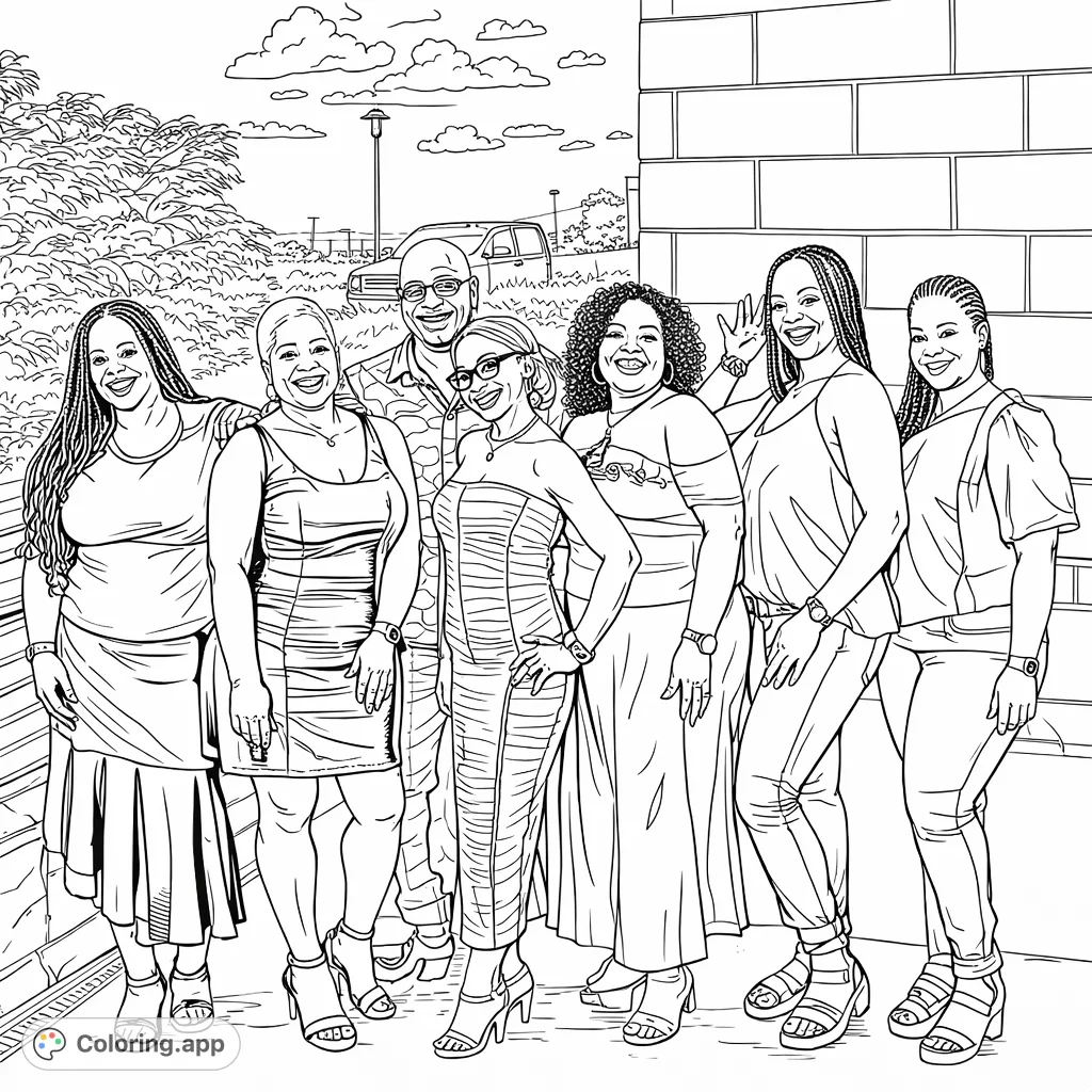 A vibrant group of friends enjoying an outdoor gathering. This gathering coloring page features seven diverse individuals posing together, perfect for adding personal flair.
